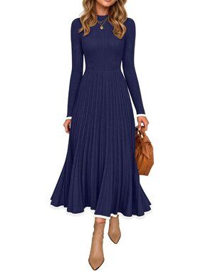 🆕 Women's Navy Blue Ribbed Knit Long Sleeve Pleated A-Line Midi Dress Trim